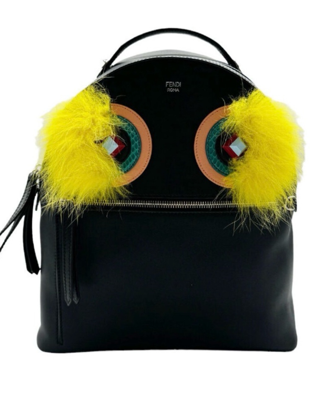 Fendi Black Backpack with Yellow Fur Eye Accents